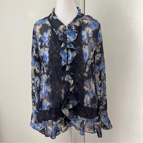 NWT FREE PEOPLE Bad At Love Blouse Sz M Floral Blue Black Lace Boho Fairy - Picture 2 of 9